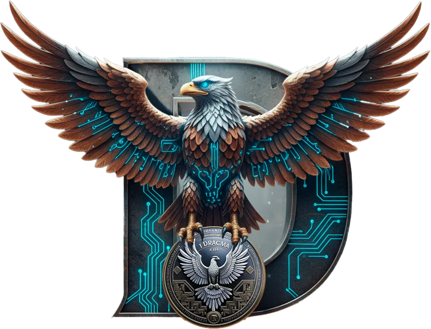 Águila de Dracma Club sobre la letra D, sosteniendo la moneda de 1 Dracma